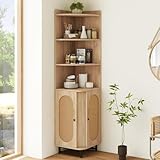 TANGZON Corner Cabinet, 172cm Tall Storage Cabinet with 2 PE Rattan Doors, 4 Open Shelves, Adjustable Shelf & Anti-Tipping Devices, Space Saving Wooden Sideboard Shelving Unit for Home Kitchen