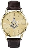 Sekonda Men's Masonic Analogue Quartz Watch with Gold Case, Gold Dial and Brown Leather Strap 90096