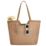 VASCHY Straw Beach Tote Bag for Women, Cute Trendy Woven Crochet Raffia Summer Shoulder Handbags Purses for Travel Vacation Brown