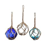Nautical Crush Trading 3 Pack of 2" Aqua, Cobalt and White Hand Blown Glass Balls with Rope - Japanese Glass Floats - Fishing Float Decor - Nautical Home Decor