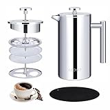 KOOYAT Cafetiere French Press Coffee Maker with Capacity of 350ml / 2 Cups Double Walled Insulated Coffee Press for Ground Coffee at Home Travel Large Caffettiera Gift Set for Woman Man Silver Color