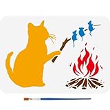 FINGERINSPIRE Cat Grilled Mouse Painting Stencil with A Paint Brush 21x29.7cm Reusable Cat Roasting Mice Drawing Template Plastic Fire Branch Wood Pattern Stencil Animal Theme Template for Crafts