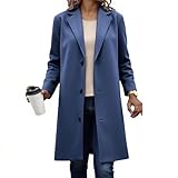 AMhomely Wool Trench Coats for Women UK Single Breasted Overcoats Notched Lapel Winter Warm Long Jackets Elegant Peacoats Casual Outwear,Blue,M