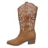 Cowboy Boots for Women Ladies Cowgirl Cowboy Boots Chunky Heel Leather Mid Wide Calf Country Riding Western Wedding Shoes for Party Country Concert (Brown, 6.5)