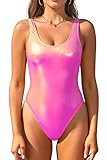 SHEKINI Women's Metallic Shiny Bathing Suit Scoop Neck Backless One Piece Swimsuits Non Padded Low Back Swimwear, Fluorescent Pink, Small