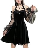 Goth Retro Court Lace Lantern Long Sleeve Hollow-Out O Neck Pure Black Temperament Velvet Midi Dress Cocktail Casual Dress L