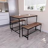 Vida Designs Roslyn 4 Seater Dining Table With 2 Benches, 3 Piece Set, Dining Room Furniture Solid Metal Frame (Dark Wood)
