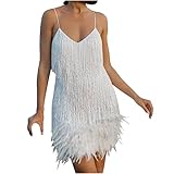 Women Sequins Spaghetti Strap Dress Feather Hem Shiny Ruched Sleeveless Mini Sling Dress Glitter Cocktail Party Club Sparkly Dress Tassel Flapper Vintage Fancy Fringe Ballroom Dress UK Clearance