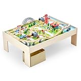 VEVOR Train Table, 120 Multicolor Pieces Wooden Kids Activity Table with Collapsible Storage Bin, 3-in-1 Wooden Train Set for Gaming, Drawing, Reading, Eating, Creative Toy Set for Kids Ages 3+