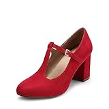 DREAM PAIRS Low Chunky Heels for Women T-Strap Mary Jane Pumps Wedding Dress Shoes,DPU211,RED,Size 7.5 US/5.5 UK