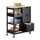 SoBuy Kitchen Island on Wheels, Free Standing Kitchen Trolley Storage Unit with 3 Drawers and Removable Tray, Butchers Block Trolley, Black, W67xD37xH84cm, FKW79-SCH