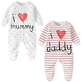 Lullaby Layers Unisex Baby Sleepsuits 2 Pack – I Love Mummy & Daddy Cotton Footed Rompers – Newborn to 24 Months Baby Bodysuits for Boys and Girls (White, 0-3 Months)