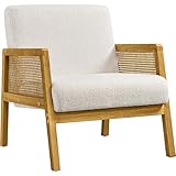 Yaheetech Boucle Fabric Accent Chair, Modern Armchair with Rattan Sides, Vintage Vanity Chair for Living Rooms, Bedrooms, Ivory