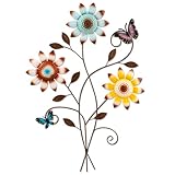 DETENE Metal Sunflower Wall Decor with Butterfly 3D Colorful Outdoor Wall Art Fence Decorations for Patio Metal Flowers Wall Hanging Ornament for Garden Porch Living Room Balcony Farmhouse (Blue)