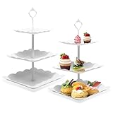 DYHNQE 2Pcs 3 Tiers Cake Stand, Plastic Afternoon Tea Stands Square 3-Tier Cupcake Stand White Cup Cake Display Stands for Weddings Birthdays Party Afternoon Tea Party