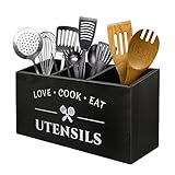 MINCORD Kitchen Utensil Holder with 3 Compartments, Rustic Wooden Utensils Storage Organizer Box Vintage Cutlery Holder, Farmhouse Flatware Utensil Caddy Countertop for Silverware Fork Spoon Spatula