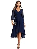 Ever-Pretty Women's V Neck 3/4 Sleeves Pleated A-Line Navy Bridesmaid Dresses Wedding Guest Navy Blue 22UK