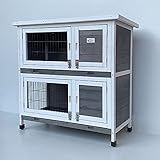 BUNNY BUSINESS Rabbit Guinea Pig Outdoor Hutch, Double Decker Rabbit Hutches on legs (Grey)