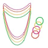 NGUIT 8PCS Neon Jewellery 80s Retro Fancy Dress Multi Beads Accessories for Women Vibrant Colourful Necklace & Bracelets for Themed UV Parties, Carnival, Festivals, Raves, Costume Events