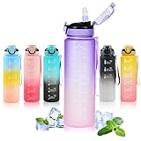 Water Bottle with Straw 1L,Boys Water Bottles with Straw 1 Litre,Waterbottle Leak-Proof Sports Water Bottle,Plastic Drinks Bottles Toxin Free，Bpa-Free (Gradient Purple)