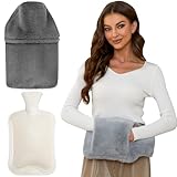 Large Hot Water Bottle with Cover - 2L Bag with Hand Pocket Warmer, Soft Fleece for Back, Neck, Shoulder and Period Pain Relief - Grey