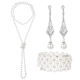 3 Pcs 1920s Pearl Jewelry Set Including Long Pearl Necklace Vintage Flapper Earrings Multilayer Pearl Bracelet Multilayer Imitation Pearl Necklace Bracelet Flapper Accessories for Women Christmas