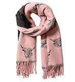 LilyRosa Women's Highland Cow Scarf Pink Black Cattle Coo Cashmere Blend Wrap