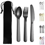 Evanda Black Portable Cutlery Set, Include Knife Fork Spoon, Titanium Black Plating Camping Flatware with Bag, for Outdoor, Picnic, Camping, Travel, Dishwasher Safe