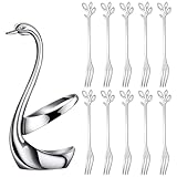 AnSaw Elegant Swan Base Holder Set with 10 pcs Silver Leaf 4.7" Stainless Steel Mini Forks for Appetizer, Fruit, Dessert, Cake & Salad