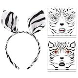 HOWAF Zebra Ears Headband & Halloween Face Tattoos Stickers, Animal Ears Headband for Zebra Costume, Carnival Halloween Costume Women Men