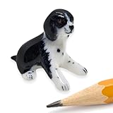 WitnyStore Tiny 1" Black White Sit Look Right English Springer Spaniel Pup Dog Figurine - Miniature Hand Made Painted Ceramic Dogs Puppy Animal Cute Porcelain Decorative Collectible Figure Décor Gifts
