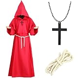 Monk Costume Set for Adult Men, Medieval Friar Hooded Monk Robe Costume Renaissance Priest Wizard Cowl Hooded Cloak Halloween Fancy Dress Outfit for Halloween Carnival Cosplay Party (Red, XXL)