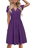 STYLEWORD Women's Summer Dress Short Sleeve V-Neck Sundress Purple Wrap Waist Casual Dress with Pockets(Purple,X-Large)