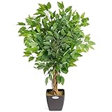 CHRISTOW Artificial Ficus Tree, Fake Weeping Fig House Plant for Home Decoration, Lifelike Green Leaves, Natural Wooden Trunk with Twists, Weighted Pot, Indoor Outdoor (90cm / 3ft)