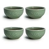 Small Porcelain Cup 2.6oz, Chinese Sample Tea Cup Gongfu Tea Set of 4, Mini Teacup Celadon Glazed Carved Heart Pattern