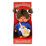 Sekiguchi 233724 Original Monchhichi Girls' Rainbow T-Shirt with Bag and Bows, Approx. 20 cm Cuddly Toy Made of Brown Plush, Messenger Bag