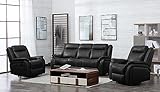 Furnishings For Less UK Black 3 Piece Sofa Suite Reclining Armchairs Leatherair Leather Like Hampshire (3 + 1 + 1 (Non Reclining 3 Seater), Black)