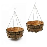 Heavy Duty Wire Hanging Basket, Heavy Duty Flat Bottomed, Large Baskets for flowers, Complete With Thick Jute Wool Liner For Outdoor Garden Porch - (Pack of 2-18" Baskets with liners)