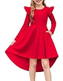Arshiner Girls Red Dress Long-Sleeved Festivaldress Children's Formaldress Autumn Winter Partydress Christmas Children's Dress Ruffleddress with Pocket 140/9-10 Years