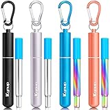 Kynup Metal Reusable Drinking Straw, 4 Pack Portable Collapsible Straws with Case,18/10 Stainless Steel Metal Travel Keychain Straws, Adjustable Length up to 23cm, 6mm Diameter, Cleaning Brush