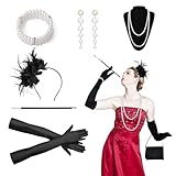 ZNDFTW 6Pcs Great Gatsby Accessories Women, 1920s Flapper Accessories Set with Pearl Necklace, Headband, Earrings & Gloves, Roaring 20s Vintage Costume Jewelry for Women, Gatsby Themed Party Prom