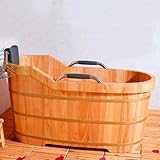 MegLob Wooden Free Standing Bathtub for Adults, Solid Wood Spa Soaking Tub with Armrests, Contemporary Deep Soaker Alone Stand with Drain And PU Headrest, Long-Term Insulation,Oak,130cm/51.18"