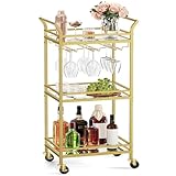 VASAGLE 3-Tier Drinks Trolley, Gold Bar Cart on Wheels, with Handles, Mirrored Glass Shelves, Serving Trolley for Small Spaces, Kitchen, Dining Room, Bathroom, Living Room, Home Bar, Gold LRC091A62
