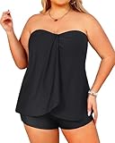 Daci Plus Size Bandeau Tankini Swimsuit for Women Two Piece Halter Swim Top with Shorts Flyaway Tummy Control Bathing Suits, Black, 18 Plus