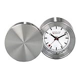 Mondaine - Alarm Clock MSM.64410 - Table Clock 50mm - Official Swiss Railways Clock Brushed Metal Casing Hands Visible in The Dark Red Second Hand