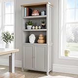 Home Source Tall Display Bookcase, 3 Shelf, 2 Door Storage Cupboard, Oak Effect, Grey