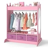 JOYLDIAS Kids Wardrobe with Drawers and Mirror, Dress up Rail Closet, Costume Dressing up Armoire, Pretend Storage Organizer Open Shelf for Children Clothes Bedroom Girls Room, Pink