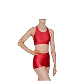 BODYWEAR LTD Girls Crop Top and Hot Pants Set - Shiny Nylon Kids Gymnastics Dance Wear (Red, 9-10 years)