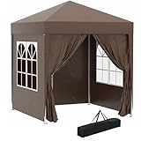Outsunny 2 x 2 m Garden Pop Up Gazebo, Wedding Party Tent Marquee, Water Resistant Awning Canopy with Sidewalls, Windows, Carry Bag, Coffee