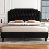 Yaheetech 4ft6 Double Bed Frame Upholstered Platform Bed with Adjustable Button Tufted Headboard/Velvet Fabric/Sturdy Wooden Slat Support/No Box Spring Needed, Black Double Bed